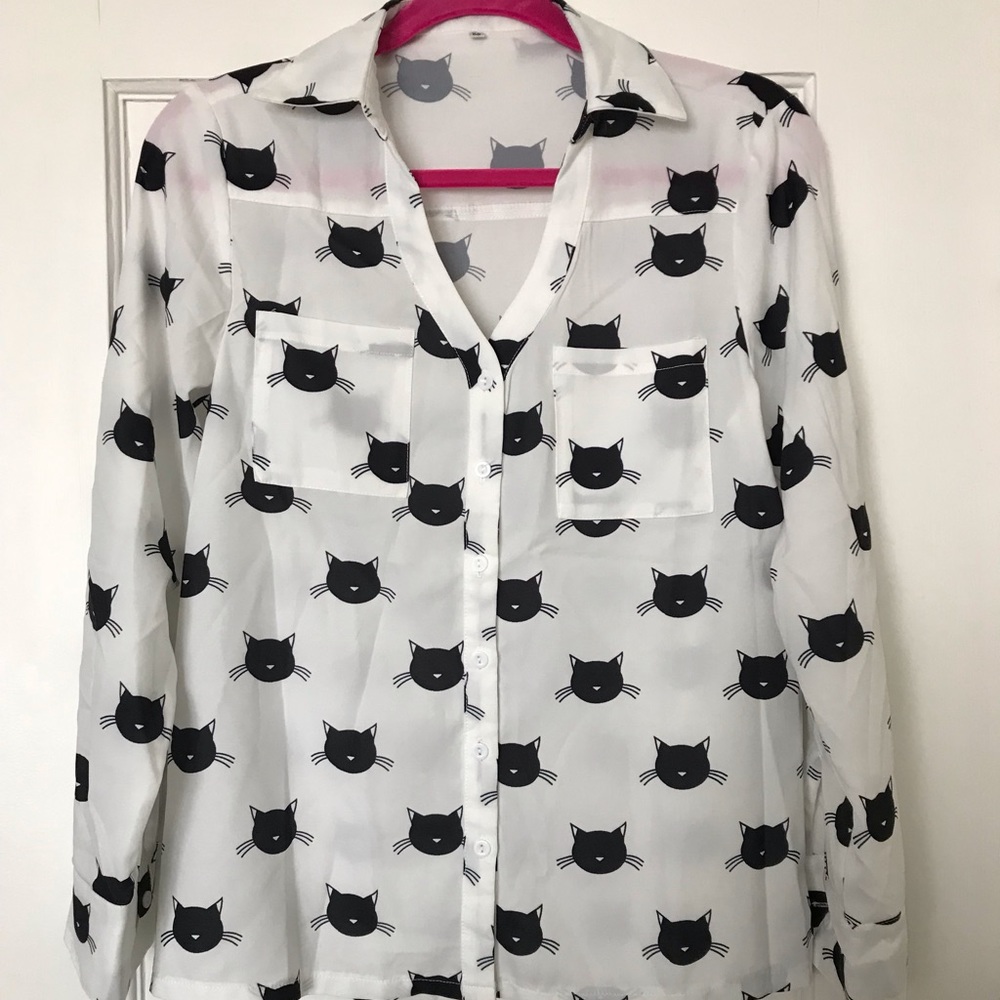 Black and white cat button up blouse